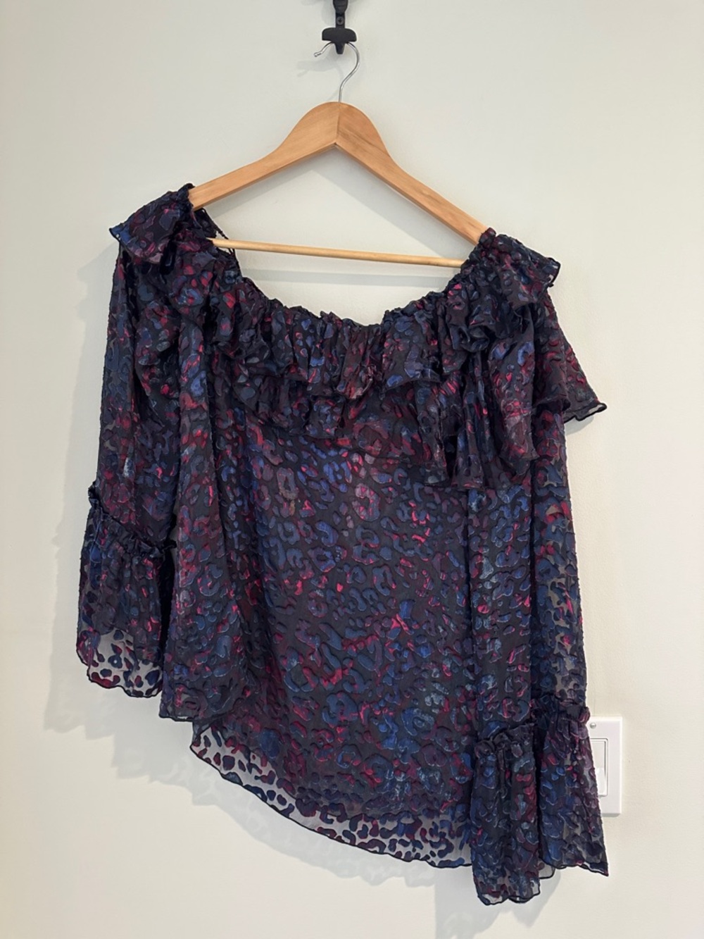 IRO Navy Off-Shoulder Ruffle Blouse with Blue and Dark Red Print.